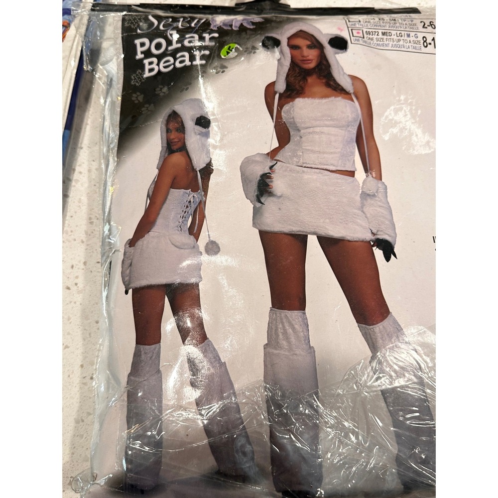 Sexy Polar Bear Costume Adult Med-LG 8-12 Faux Fur 6-Piece Set White 69372